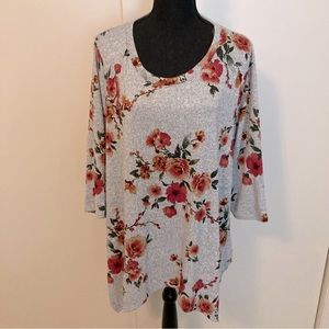 Green Envelope Scoop Neckline 3/4 Sleeve Floral Print Sharkbite  Hem Tunic Sz 1X
